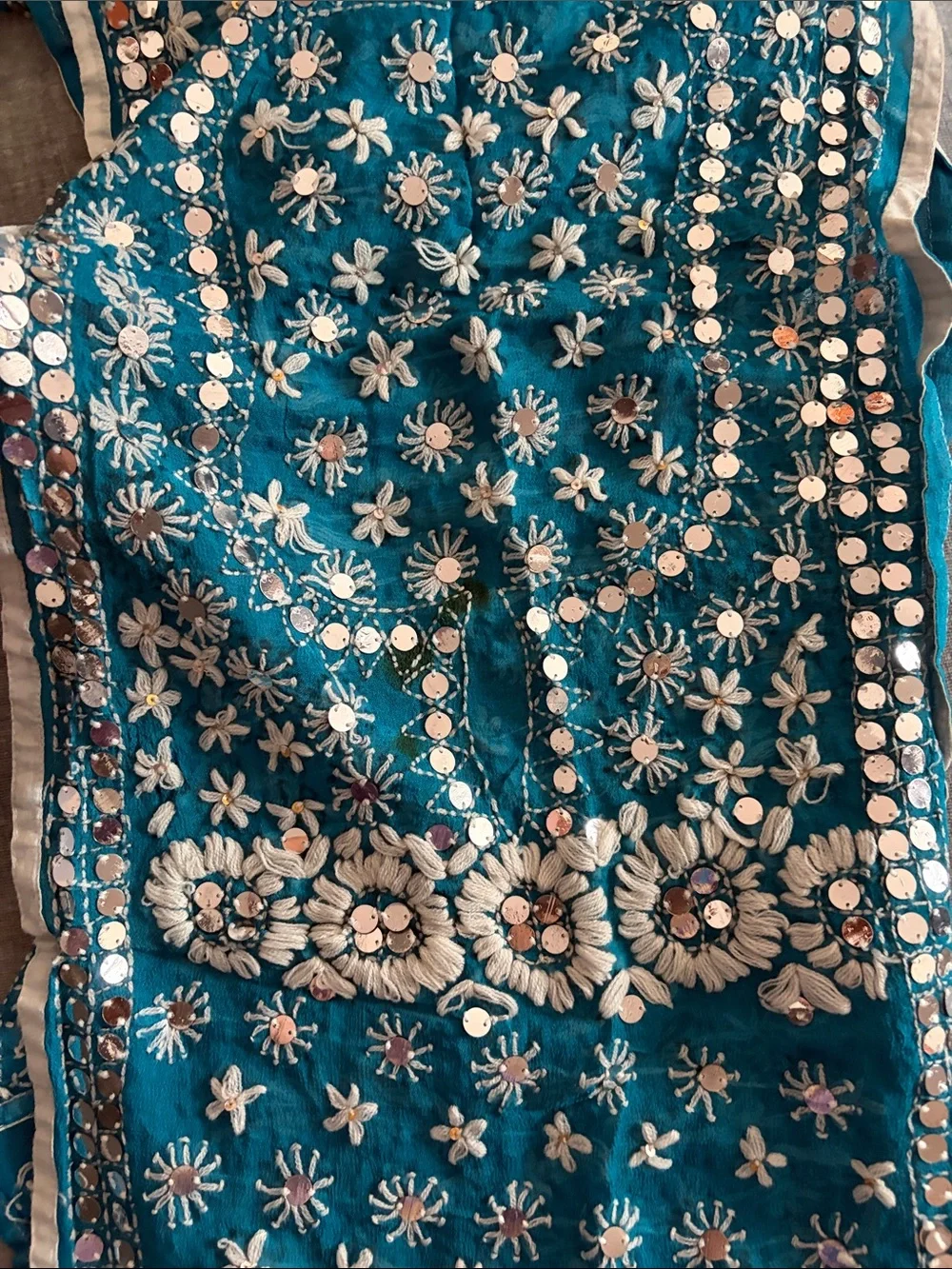 Raj Teal Silk Infinity Scarf with Silver Sequin Embroidery